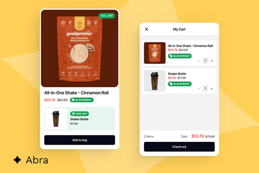 Two phone mockups showing Shopify product and cart pages with Abra auto-applied discounts and free gift added