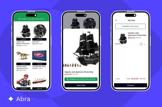 Mobile screens with LEGO products showing automatic discounts via Abra + Tapcart in-app promotions